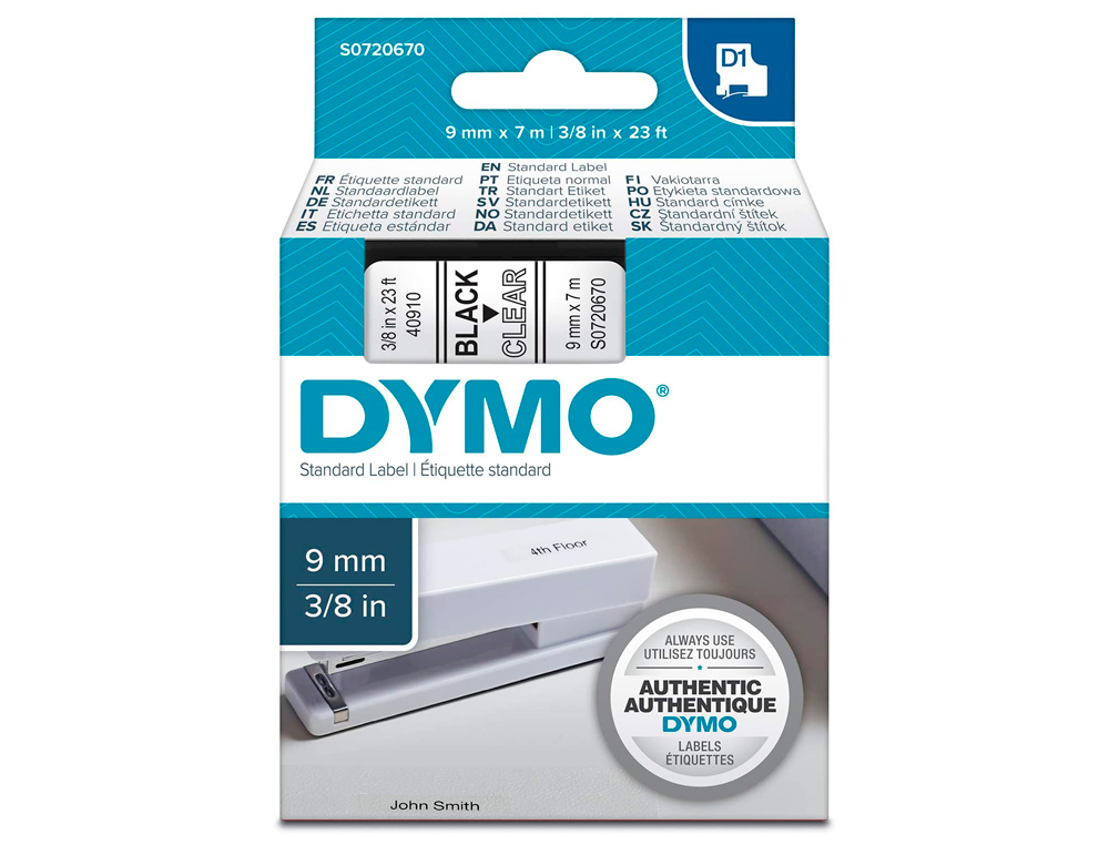 FITA DYMO D1 PRETO-TRANSPARENTE 9 MM X 7 MT