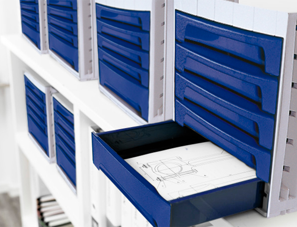 BLOCO CLASSIFICADOR DE SECRETARIA ARCHIVO 2000 305X370X215 MM BANDEJA SUPERIOR 5 GAVETAS AZUL OPACO