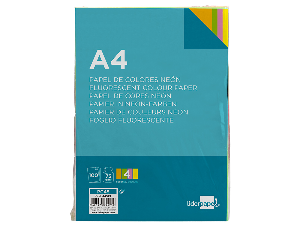 PAPEL DE COR LIDERPAPEL DIN A4 75 GR QUATRO CORES NEON SORTIDAS EMBALAGEM DE 100 FOLHAS