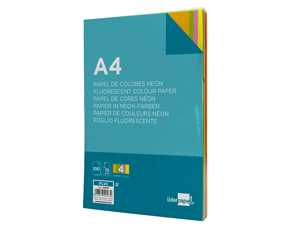 PAPEL DE COR LIDERPAPEL DIN A4 75 GR QUATRO CORES NEON SORTIDAS EMBALAGEM DE 100 FOLHAS