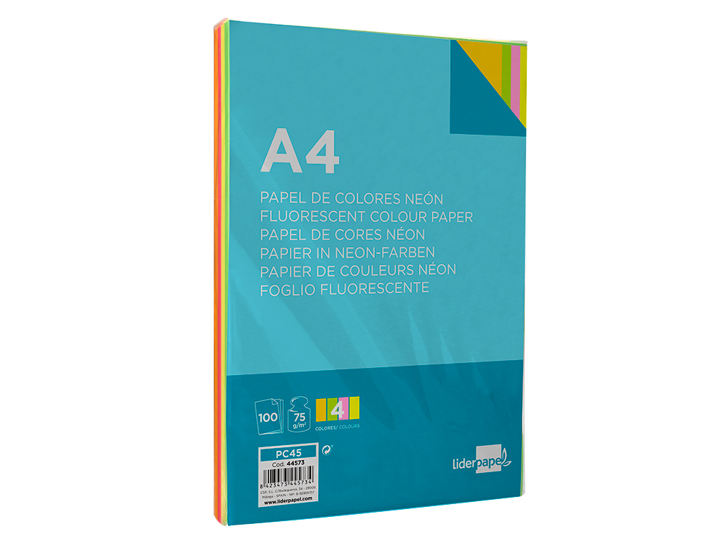 PAPEL DE COR LIDERPAPEL DIN A4 75 GR QUATRO CORES NEON SORTIDAS EMBALAGEM DE 100 FOLHAS