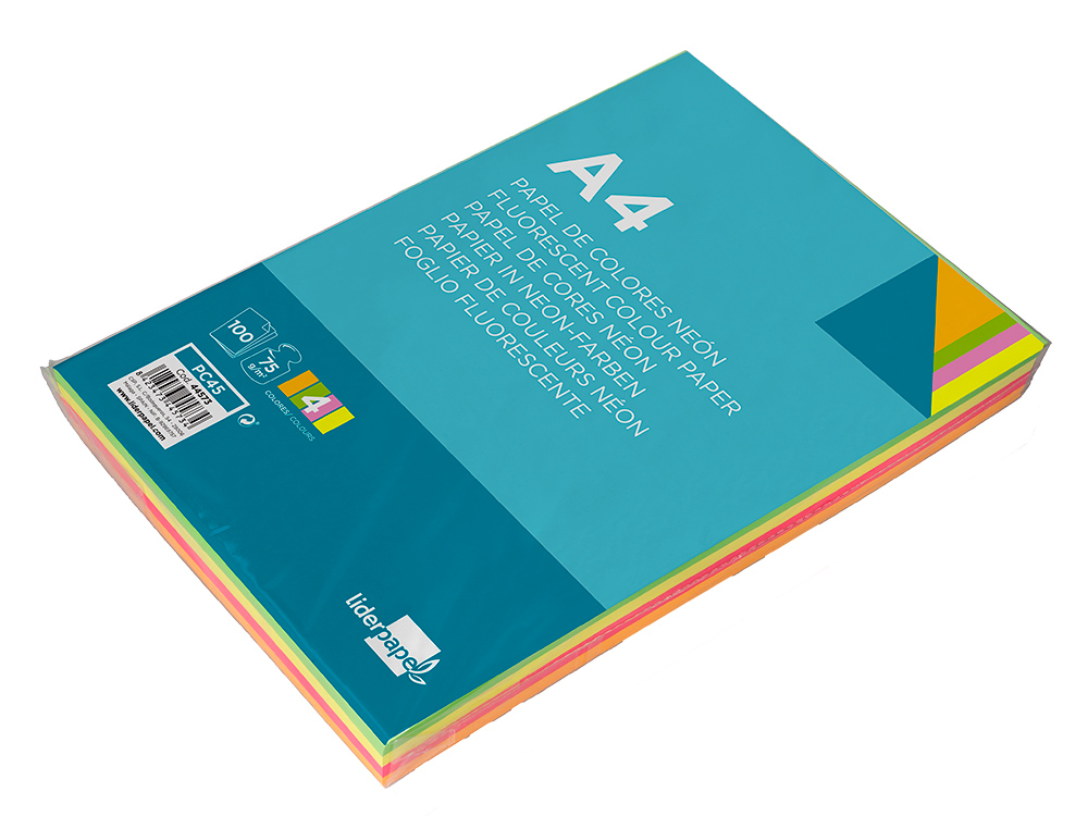 PAPEL DE COR LIDERPAPEL DIN A4 75 GR QUATRO CORES NEON SORTIDAS EMBALAGEM DE 100 FOLHAS