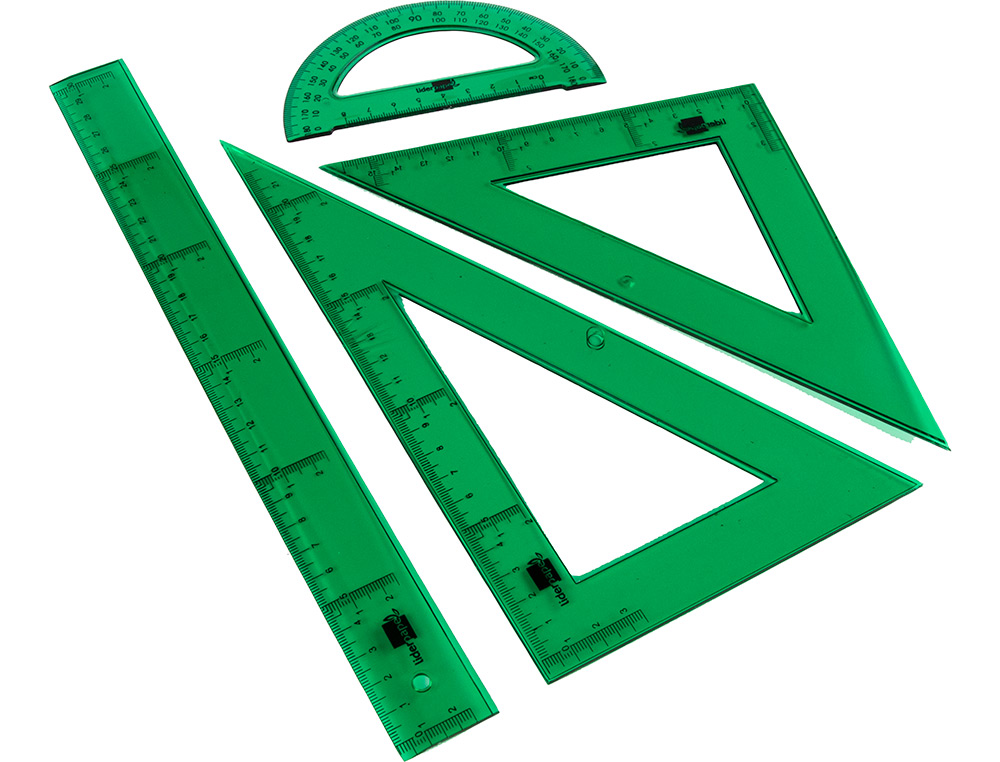 JOGO ESQUADRO E REGUA 30 CMS E SEMICIRCULO EM PETACA LIDERPAPEL VERDE