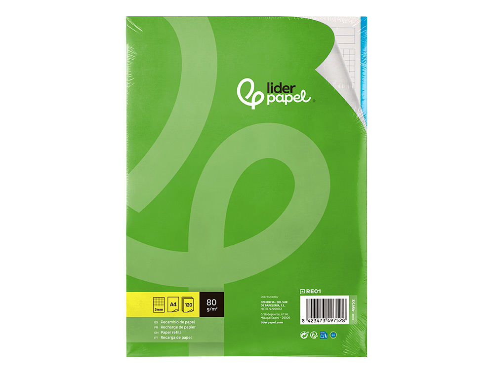 RECARGA LIDERPAPEL DIN A4 120 F QUADRICULA DE 5 MM MARGEM COM BANDAS 5 CORES PAPEL DE 70 GR