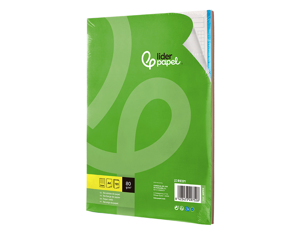 RECARGA LIDERPAPEL DIN A4 120 F QUADRICULA DE 5 MM MARGEM COM BANDAS 5 CORES PAPEL DE 70 GR
