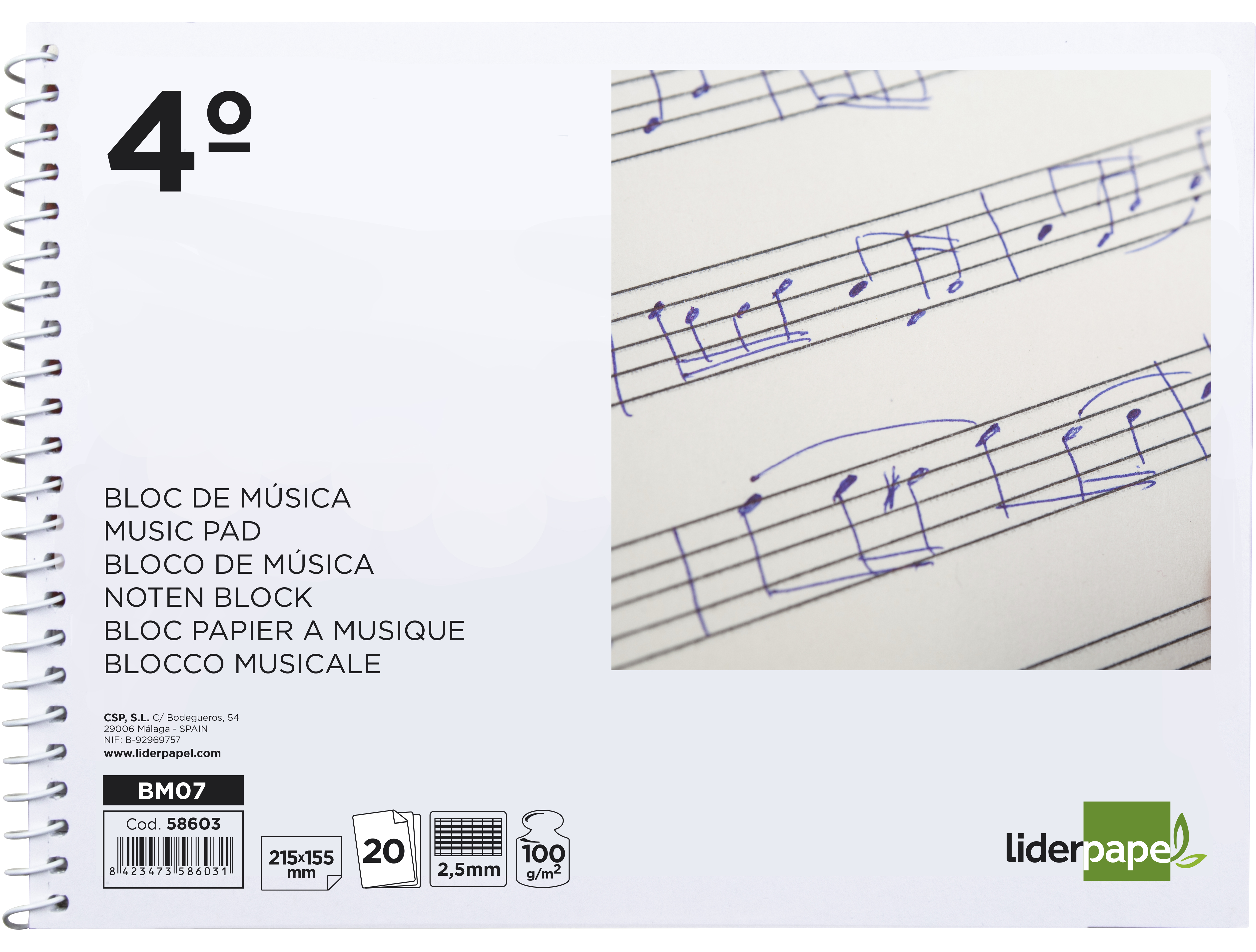 CADERNO DE MUSICA LIDERPAPEL PENTAGRAMA PAUTADO 2,5MM QUARTO 20 FOLHAS 10G/M2