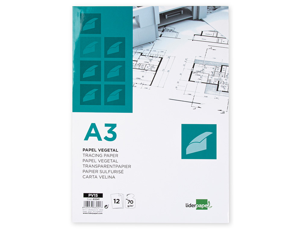 BLOCO DE PAPEL VEGETAL LIDERPAPEL DIN A3 297X420MM 70 GR BOLSA DE 12 FOLHAS