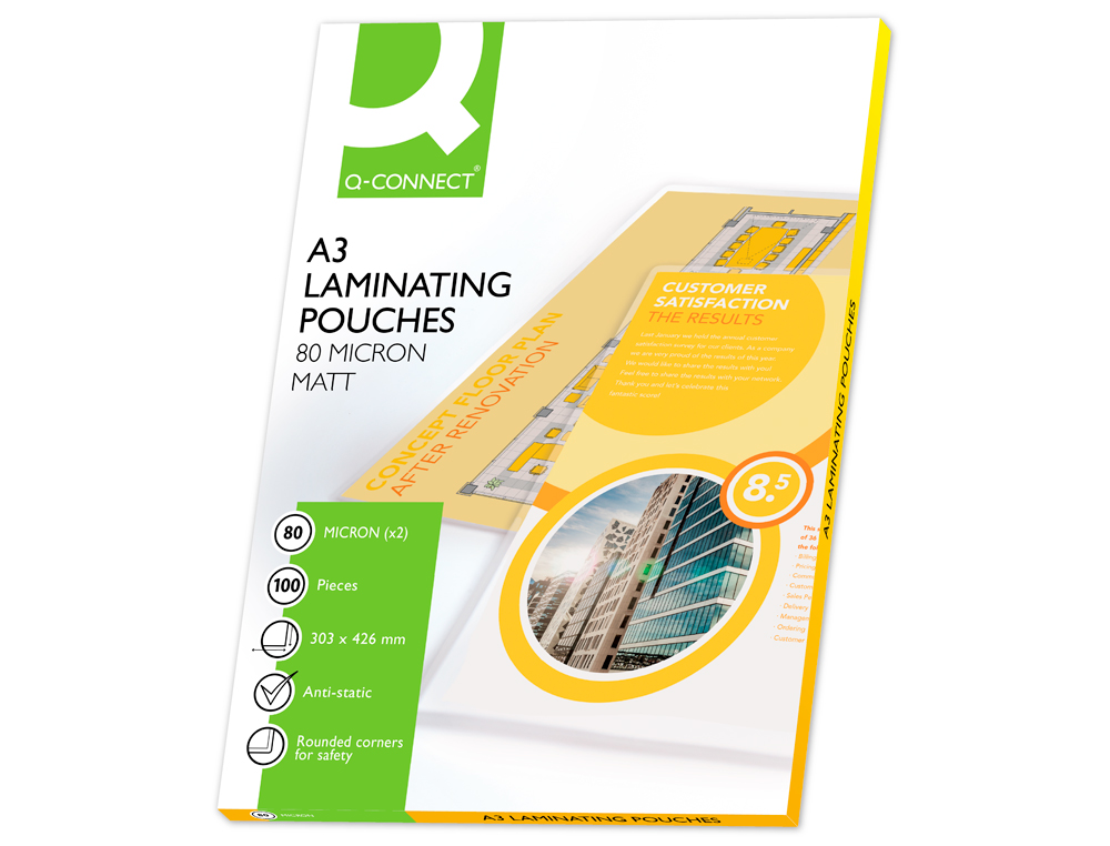 BOLSA DE PLASTIFICAR Q-CONNECT 303 X 426 MM 80 MICRONS DIN A3 MATE CAIXA DE 100 UNIDADES