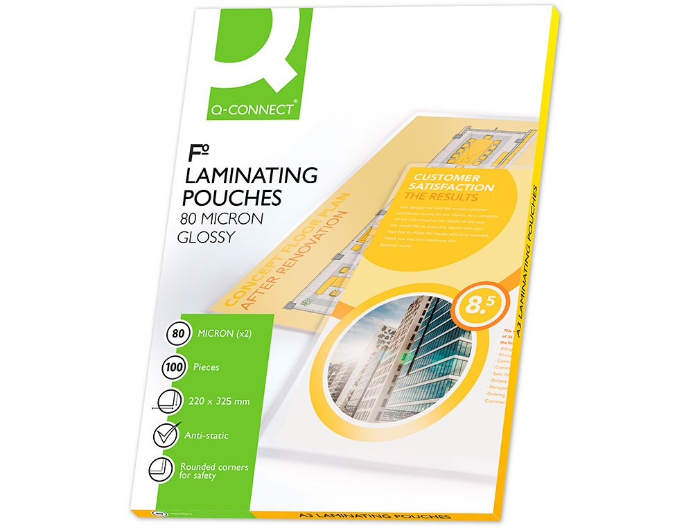 BOLSA DE PLASTIFICAR Q-CONNECT 325 X 220 MM 80 MICRONS FOLIO CAIXA DE 100 UNIDADES