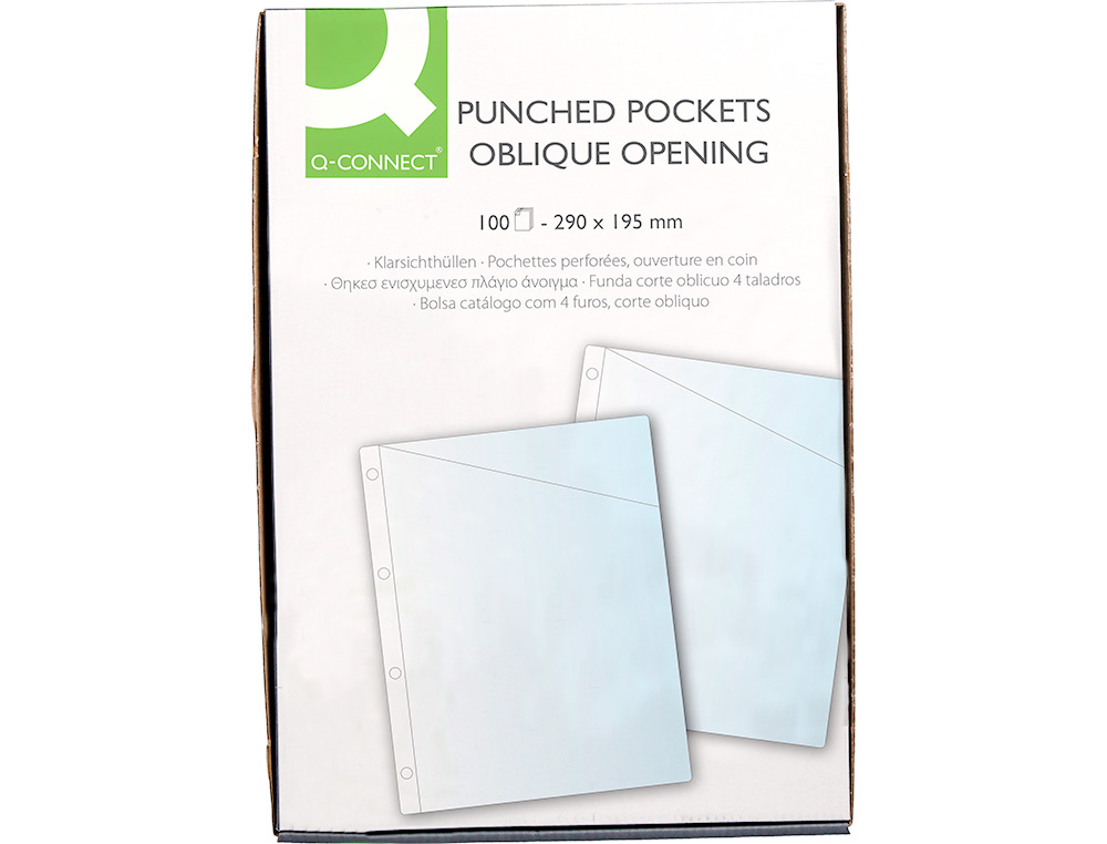 BOLSA CATALOGO Q-CONNECT CORTE OBLIQUO 290X195 MM CRISTAL 4 FUROS PVC 90 MC CAIXA DE 100 UNIDADES
