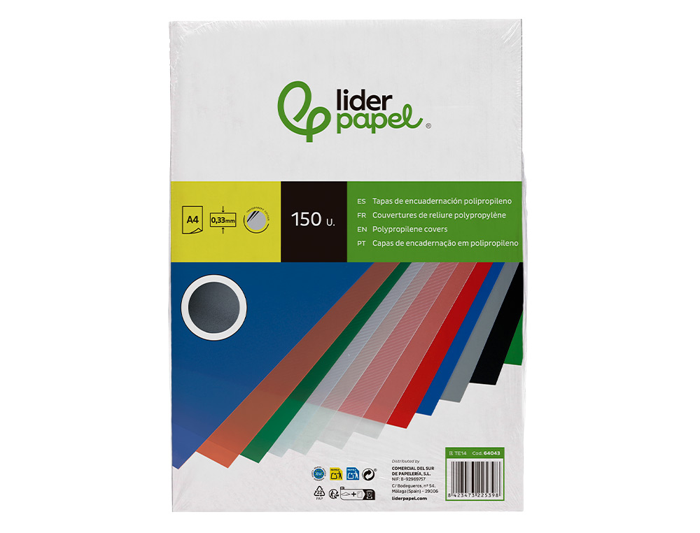 CAPA DE ENCADERNACAO LIDERPAPEL POLIPROPILENO DIN A4 0.33 MM TRANSPARENTE PACK DE 150 UNIDADES
