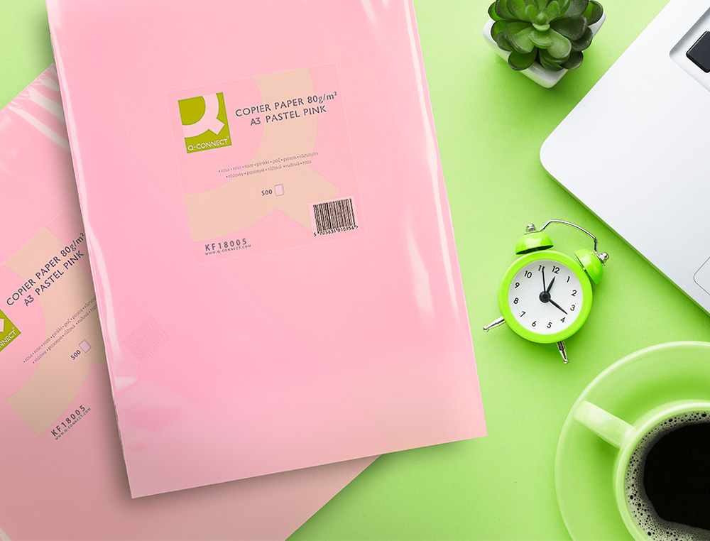 PAPEL DE COR Q-CONNECT DIN A3 80 GR ROSA EMBALAGEM DE 500 FOLHAS