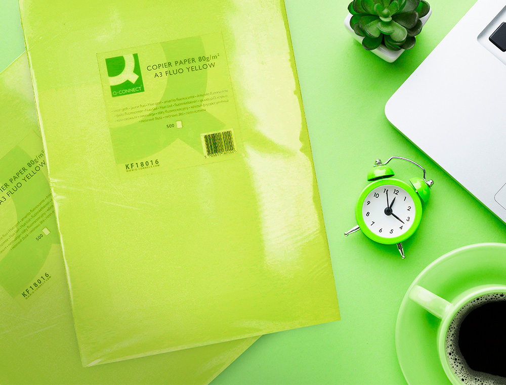PAPEL DE COR Q-CONNECT DIN A3 80 GR VERDE NEON EMBALAGEM DE 500 FOLHAS