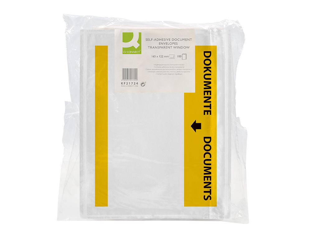 ENVELOPE AUTOADESIVO Q-CONNECT PORTA DOCUMENTOS MULTILINGUE 165X122 MM JANELA TRANSPARENTE PACK DE 100 UNIDADES