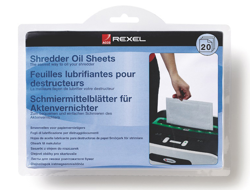 FOLHAS LUBRICANTES REXEL PARA DESTRUIDORA EMBALAGEM DE 20 FOLHAS FORMATO A5