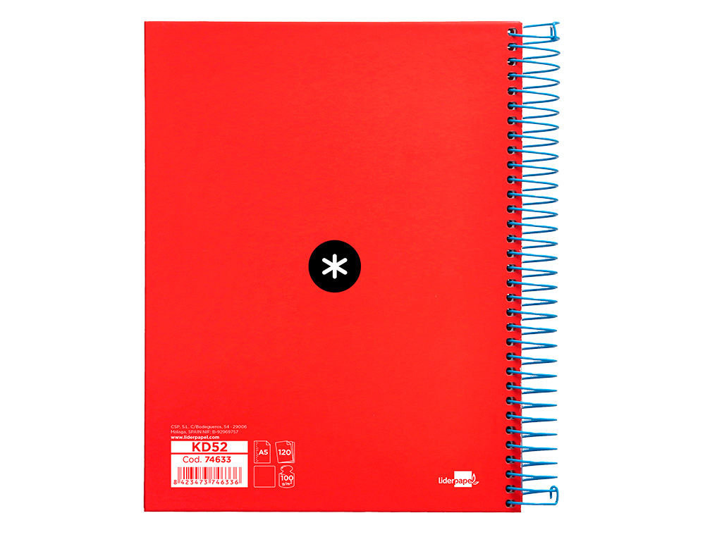 CADERNO ESPIRAL DIN A5 ANTARTIK CAPA FORRADA 120 F 100 GR LISO COM BANDAS DE CORES 6 FUROS COR VERMELHO