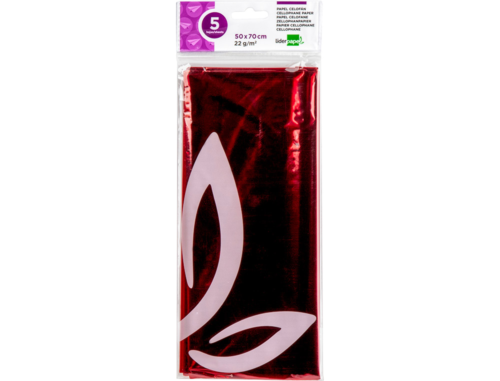 PAPEL CELOFANE LIDERPAPEL 50X70 CM 22GR BOLSA DE 5 FOLHAS VERMELHO