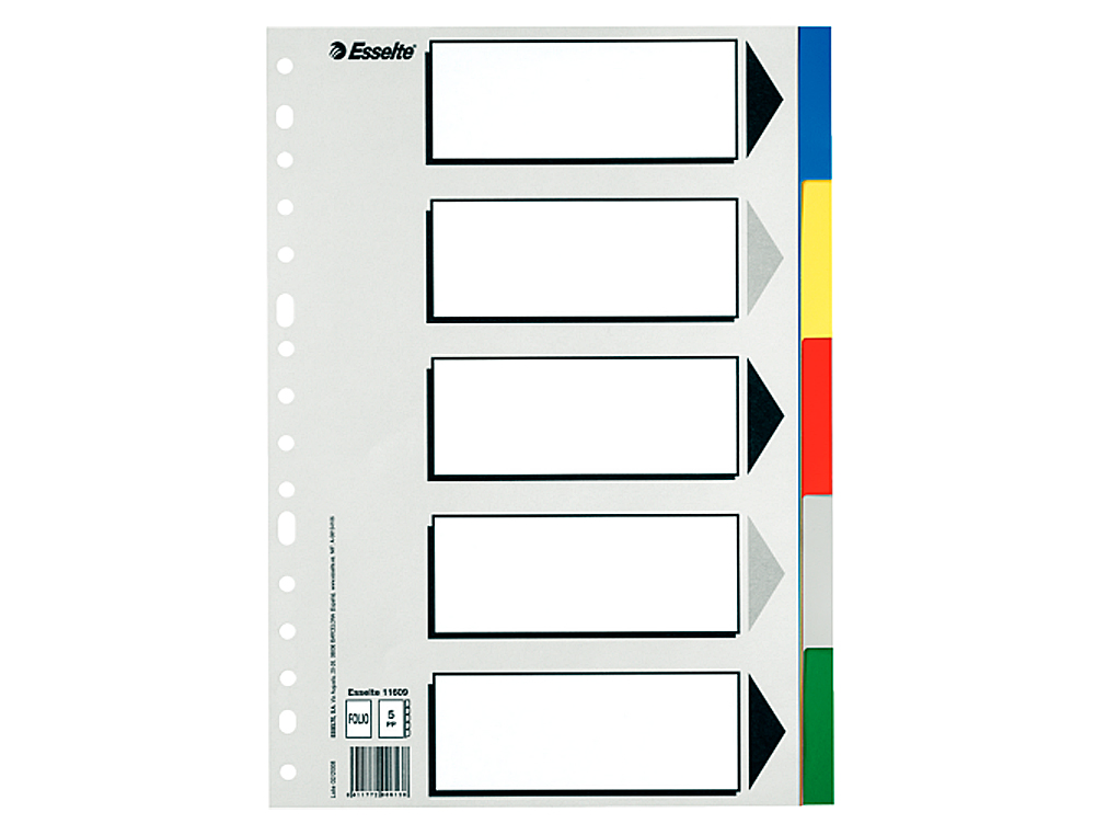 SEPARADOR ESSELTE DE PLASTICO CONJUNTO DE 5 SEPARADORES DE CORES DIN A4 COM 5 CORES MULTIPERFURADO