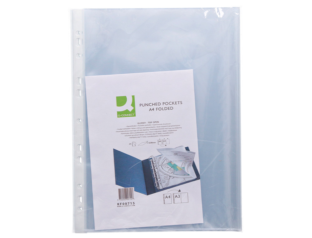BOLSA CATALOGO/MICA Q-CONNECT DIN A4 80 MICRONS CRISTAL COM ABERTURA SUPERIOR E LATERAL ESQUERDA BOLSA DE 25 UNIDADES