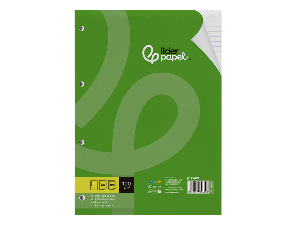 RECARGA LIDERPAPEL DIN A4 100 FOLHAS 100 G/M2 PAUTADO HORIZONTAL COM MARGEM 4 FUROS