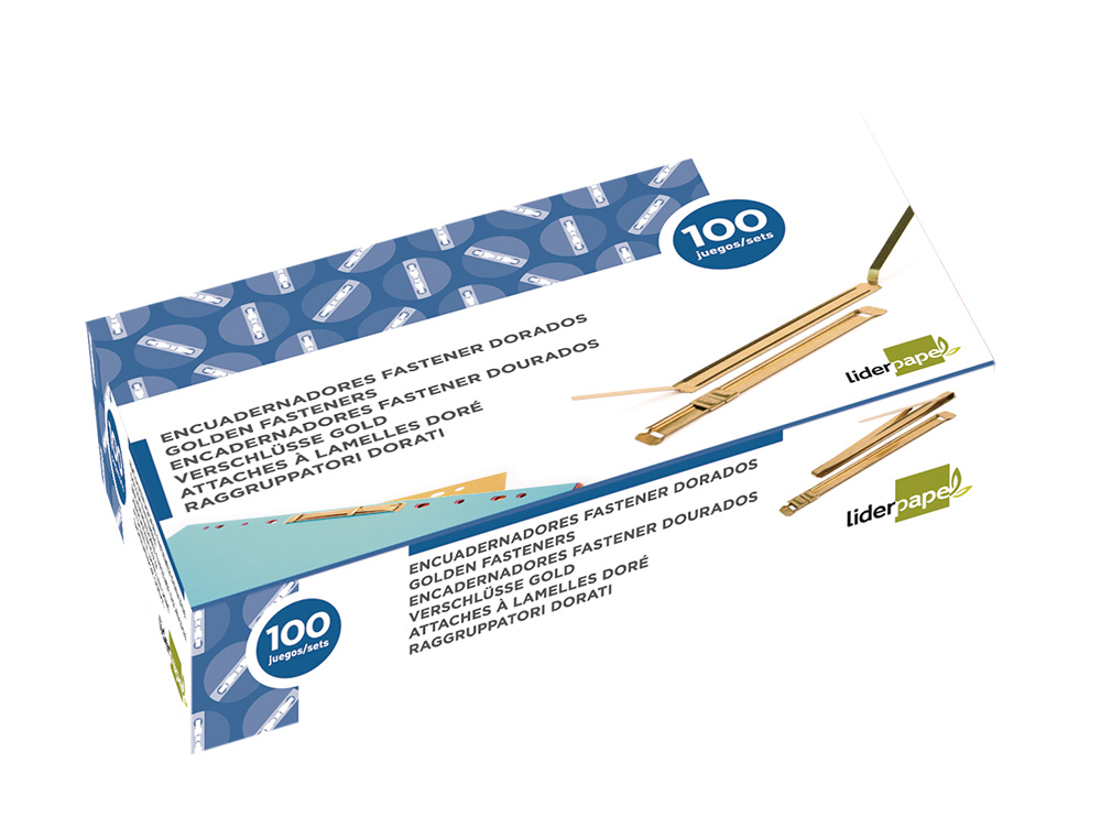 ENCUADERNADOR FASTENER DORADO LIDERPAPEL -CAJA DE 100 RETRACTILADOS--M