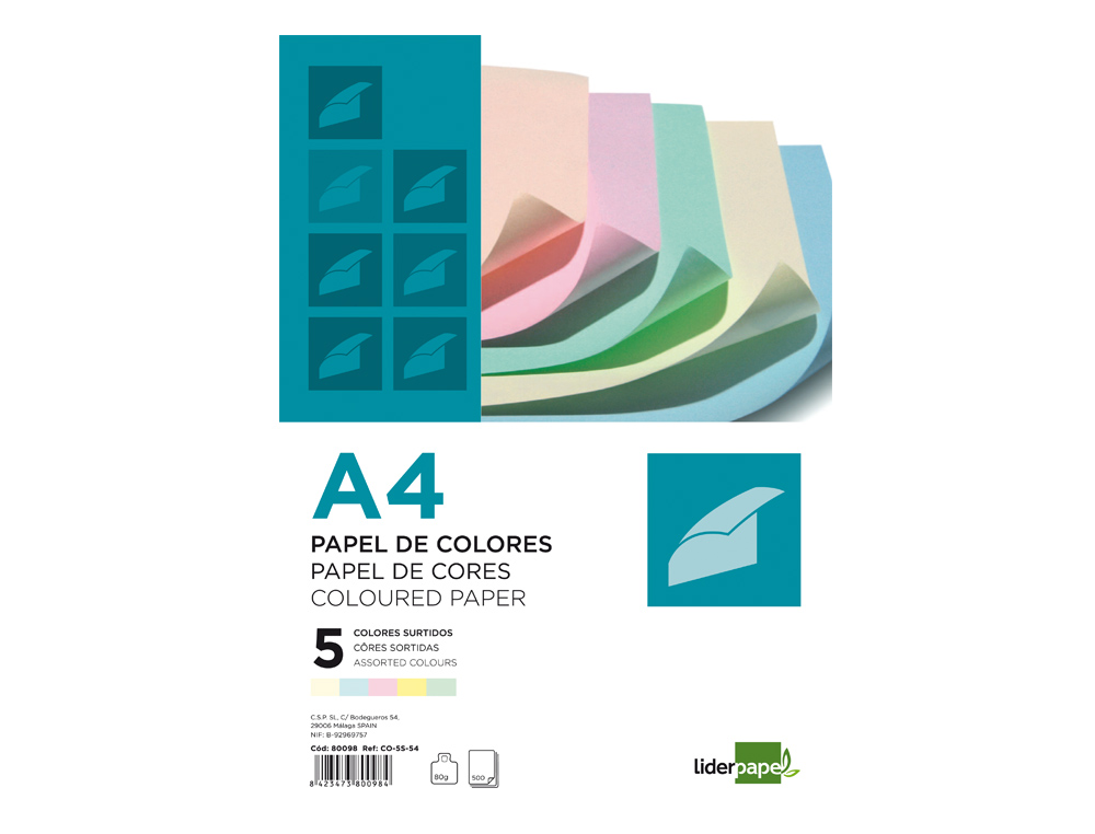PAPEL DE COR LIDERPAPEL DIN A4 80 GR EMBALAGEM DE 500, 100 FOLHAS POR CORES SORTIDAS