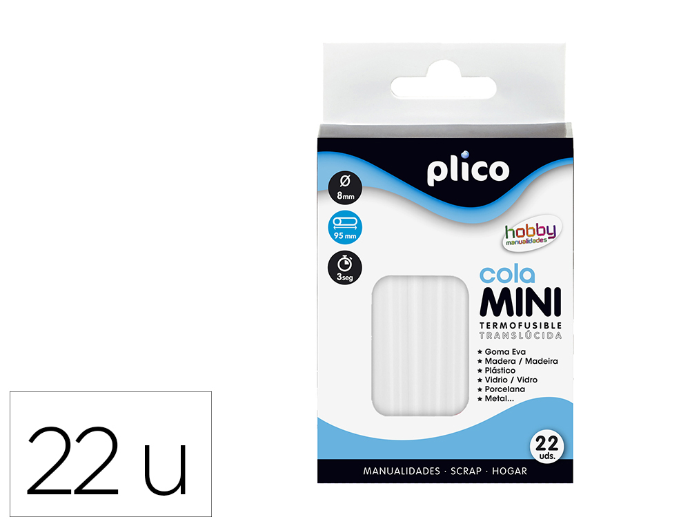 BARRA COLA TERMOFUSIVEL PLICO MINI TRANSLUCIDA 8 MM DIAMETRO X 100 MM COMPRIMENTO BLISTER 22 UNIDADES
