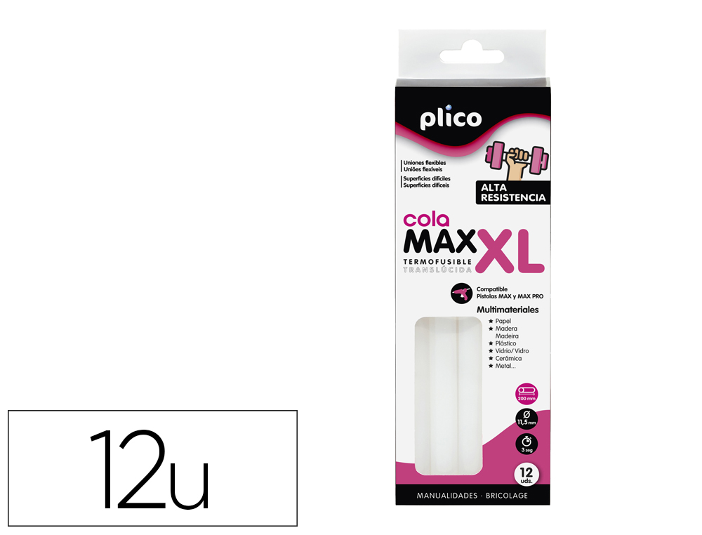 BARRA COLA TERMOFUSIVEL PLICO COLA EXTRAFORTE MAX XL 11,5 MM DIAMETRO X 200 MM COMPRIMENTO BLISTER DE 12 UNIDADES
