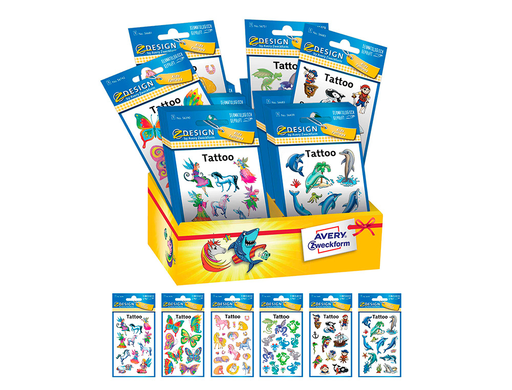 AUTOCOLANTES AVERY TATUAGEM 6 MODELOS DIFERENTES EXPOSITOR DE 60 BLISTER SORTIDOS