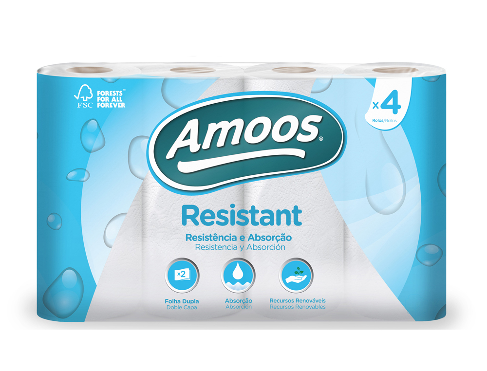 PAPEL DE COZINHA AMOOS 2 FOLHAS 100 MM DIAMETRO X 224 MM ALTURA 42 GR 36 SERVICOS PACK DE 4 ROLOS
