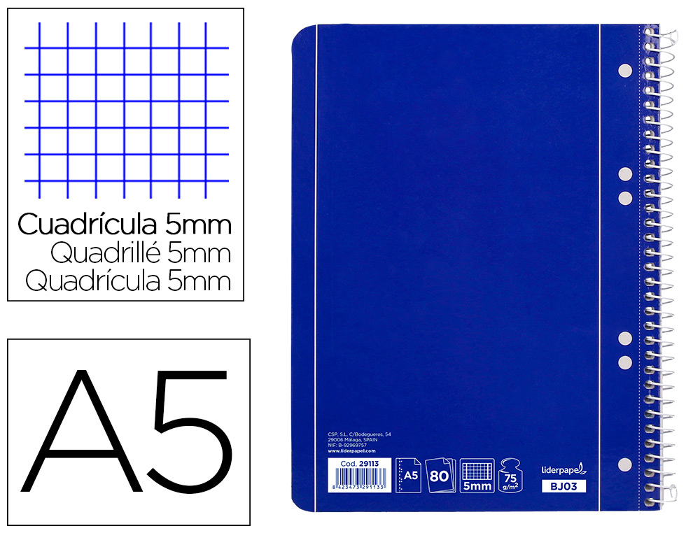 CADERNO ESPIRAL LIDERPAPEL CAPA AZUL 80 F DIN A5 QUADRICULADO