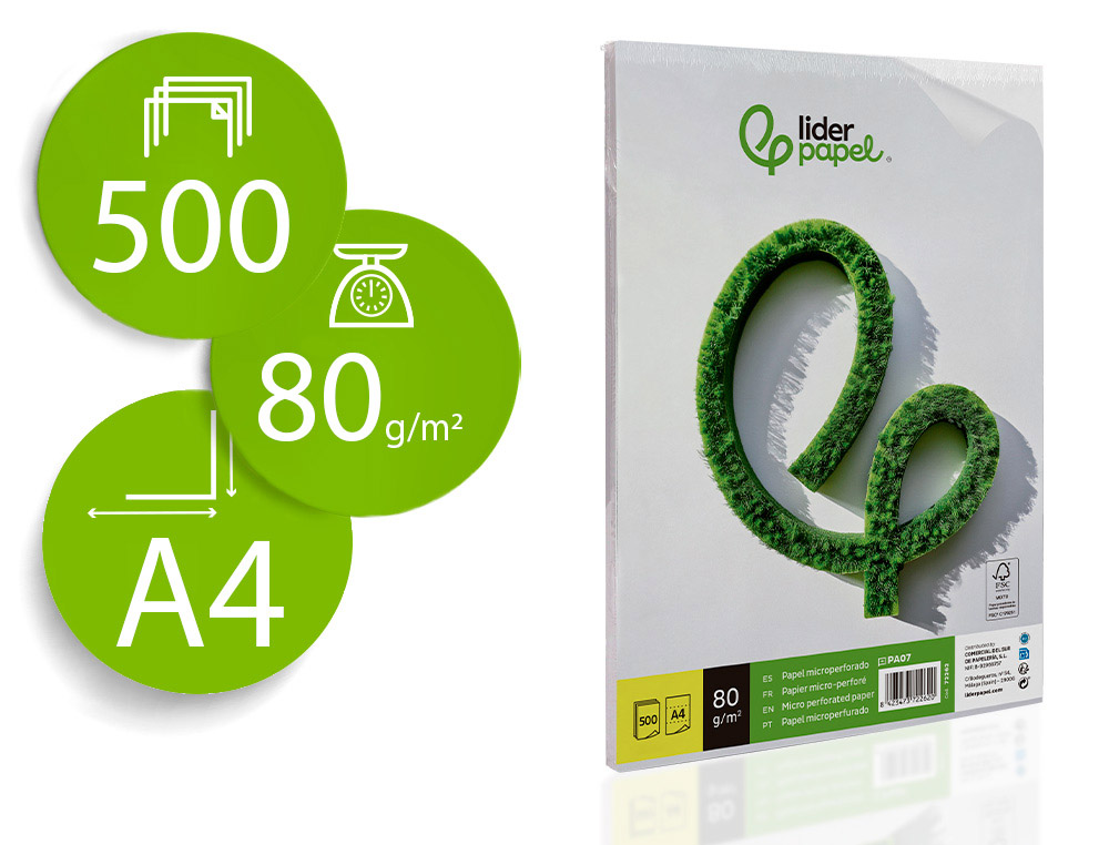 PAPEL LIDERPAPEL DIN A4 80 GR BRANCO MICROPERFURADO EM TRES PARTES IGUAIS EMBALAGEM DE 500 FOLHAS